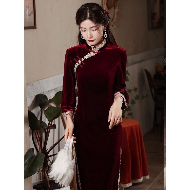 Đầm Sườn Xám Cách Tân Vải Nhung Phong Cách Trung Hoa Thời Trang Mùa Thu Mới 2022