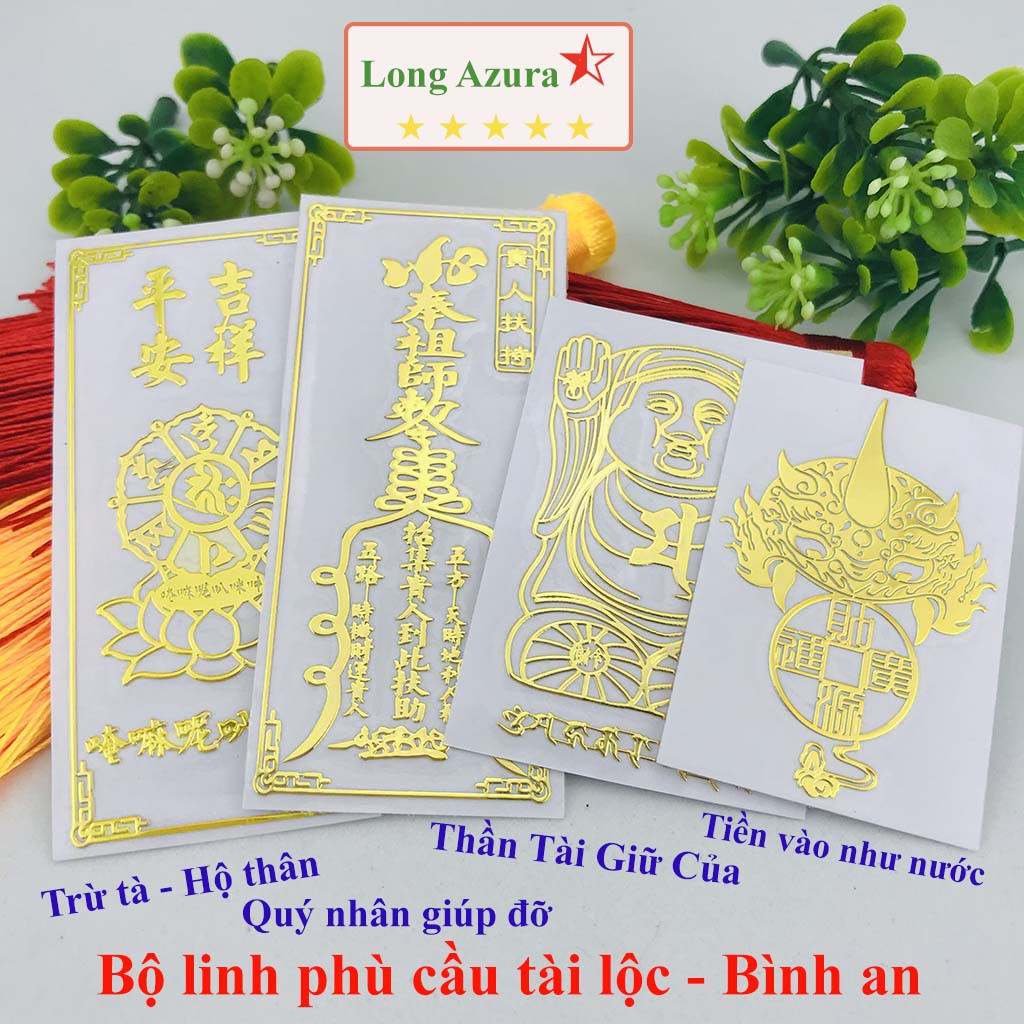 Linh phù dán điện thoại, combo 4 miếng, tình duyên, may mắn, thần tài, bình an, lá may mắn phong thủy