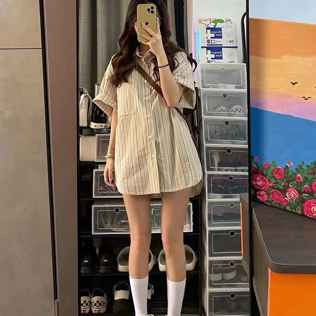 Áo Sơ Mi Ngắn Tay Nhiều Lớp Họa Tiết Kẻ Sọc Dọc Phong Cách Hong Kong Cổ Điển Kiểu Mới Cho Nữ