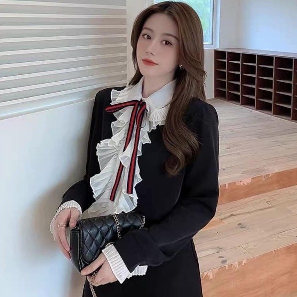 Áo Sơ Mi Nơ Bèo Tiểu Thư Màu Đen Sang Trọng Lịch Sự, Áo Kiểu Nữ Phối Nơ Cổ Bèo Dập Ly Siêu Xinh