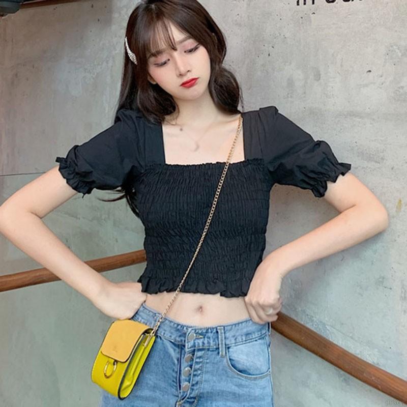 Áo Kiểu Tay Ngắn Cổ Vuông Thời Trang Hàn Quốc Xinh Xắn Dành Cho Nữ