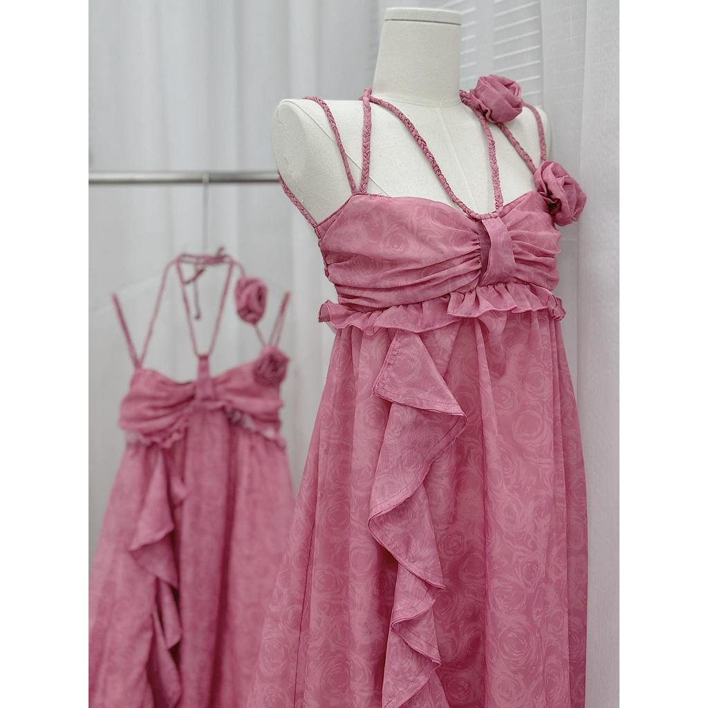 ĐẦM MIDI HỒNG DÂY TẾT CHÉO VIỀN BÈO XÉO