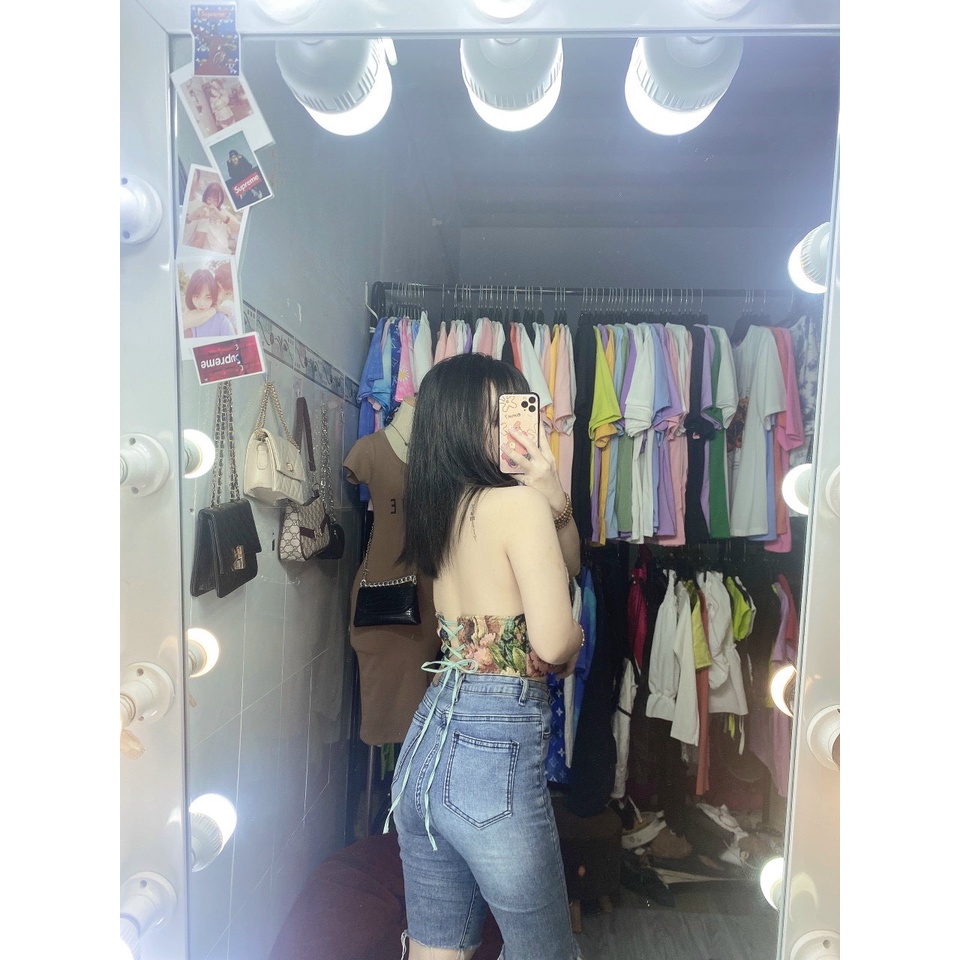 áo xinh cổ yếm đan dây lưng họa tiết hoa thổ cẩm