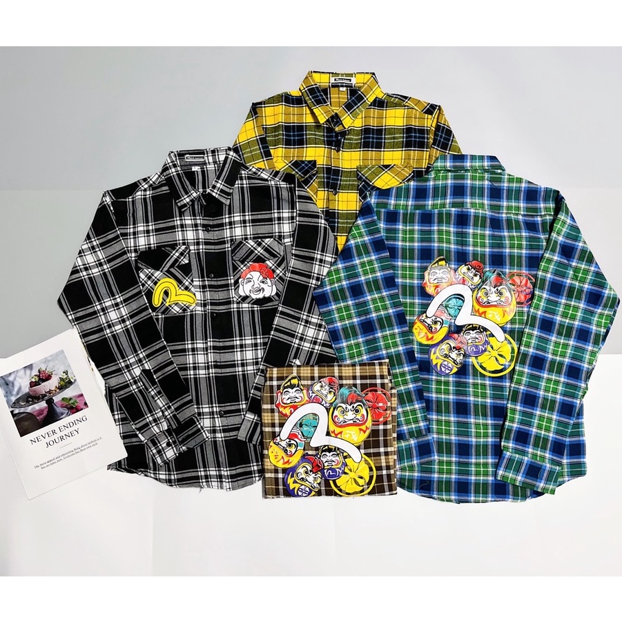 Áo sơ mi nam caro EVISU hàn quốc dài tay vải nỉ in hình đẹp mẫu mới hot trend-AHFASHION