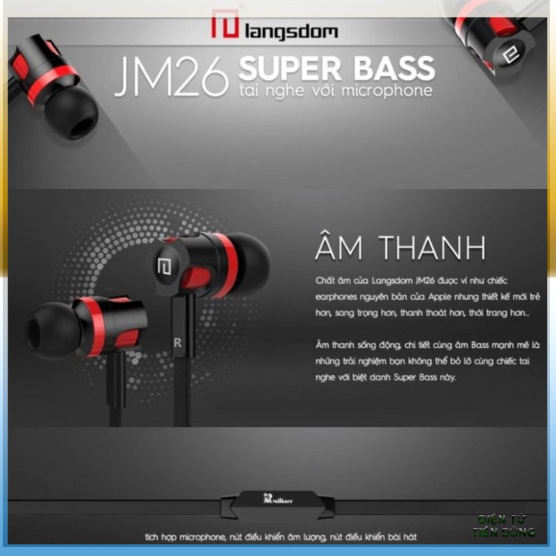 JM 26 Tai nghe Langsdom JM26 Super Bass nhét tai earphone- tai nghe dây JM26 có mic