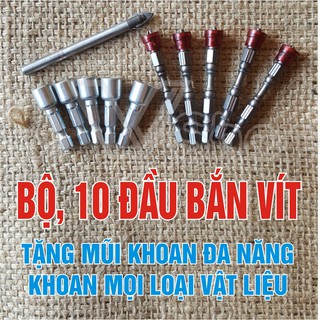 Bộ, 10 đầu bắn vít, có nam châm tăng cường. tặng mũi khoan đa năng