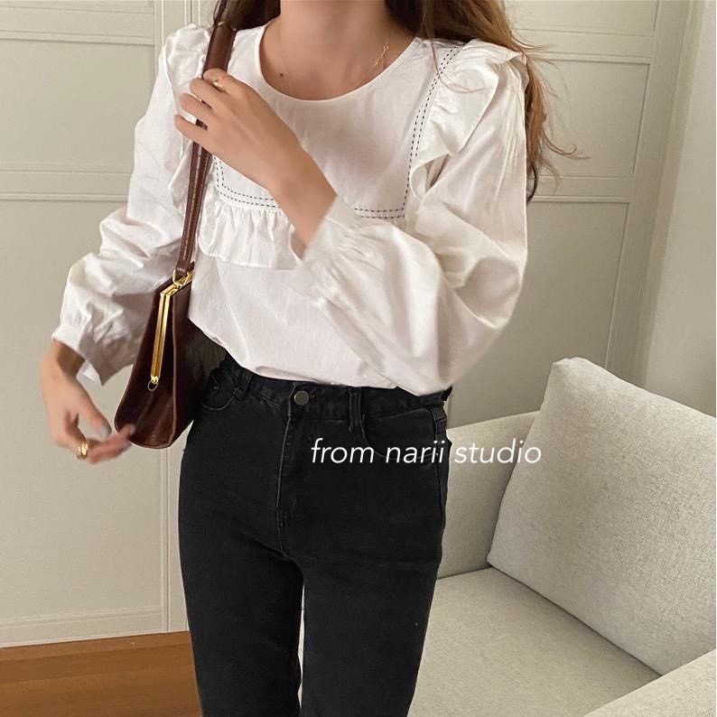 Áo sơ mi nữ tay dài NARII áo babydoll trắng Ulzzang Hàn Quốc viền bèo