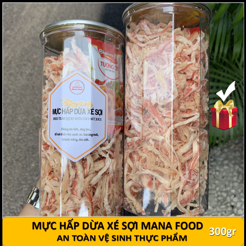 Mực Xé Sợi, Mực Sợi Hấp Nước Dừa Mana Food Loại Ngon Hủ Pet 300gr - Chuẩn ATVSTP, Khô Mực Hấp Nước Dừa Ăn Vặt