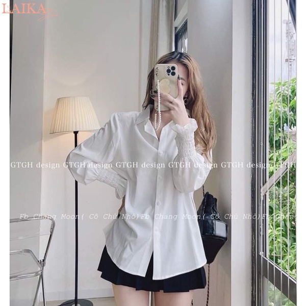 Áo sơ mi trắng nữ tay dài bo chun nhúm cổ bẻ form rộng vừa đi học làm công sở chất vải lụa mát kiểu áo sơ mi nữ tay dài