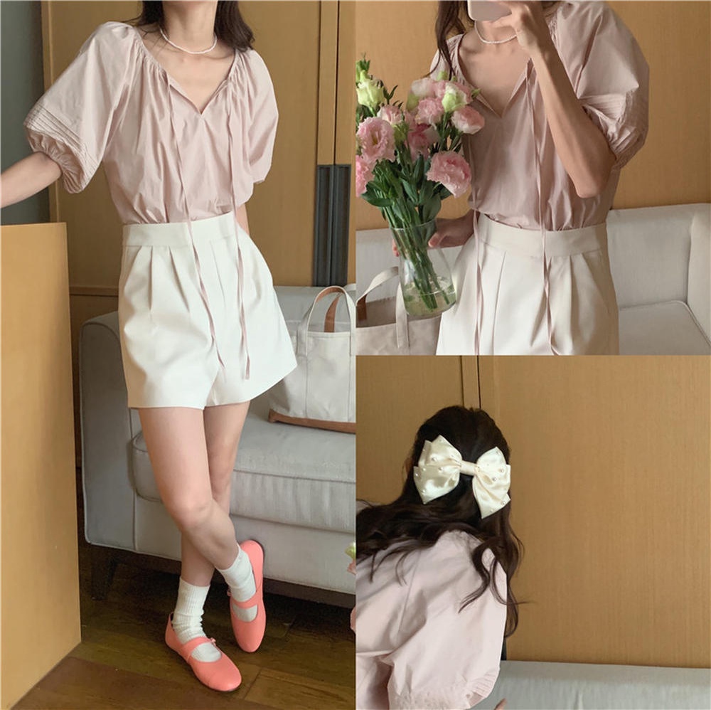 Áo Sơ Mi Tay Ngắn Cột Dây Màu Trắng Trơn Thoải Mái Thời Trang Mùa Hè 50916