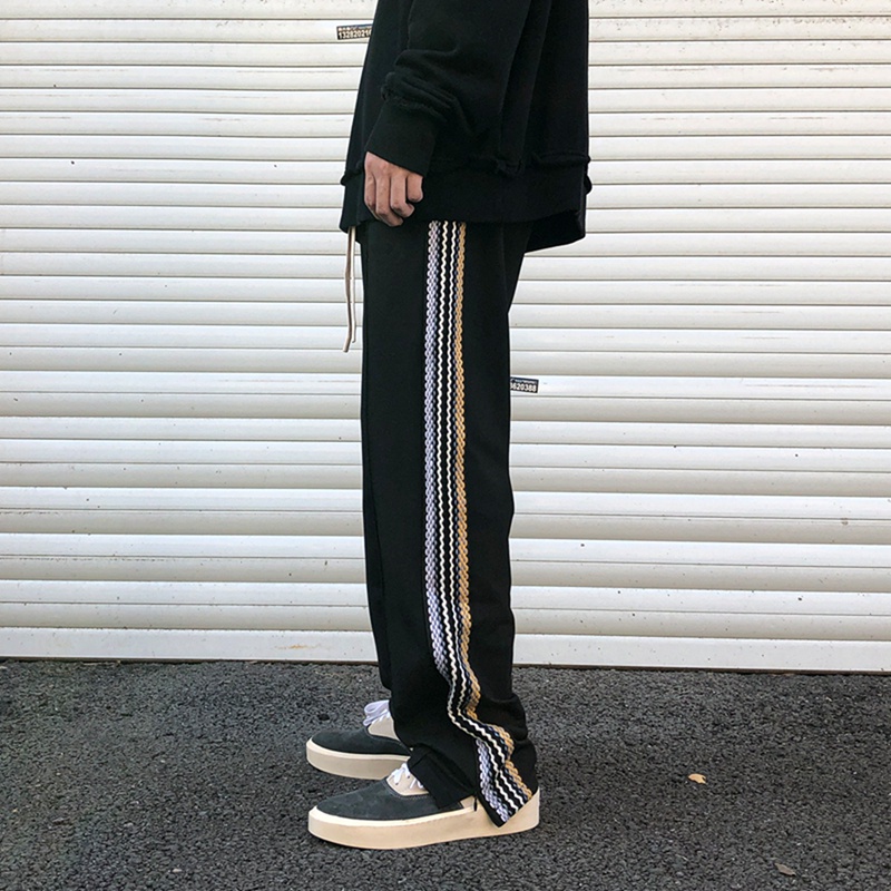 Quần dài ống rộng họa tiết kẻ sọc thiết kế xẻ tà phong cách Hàn Quốc thời trang cá tính cho nam