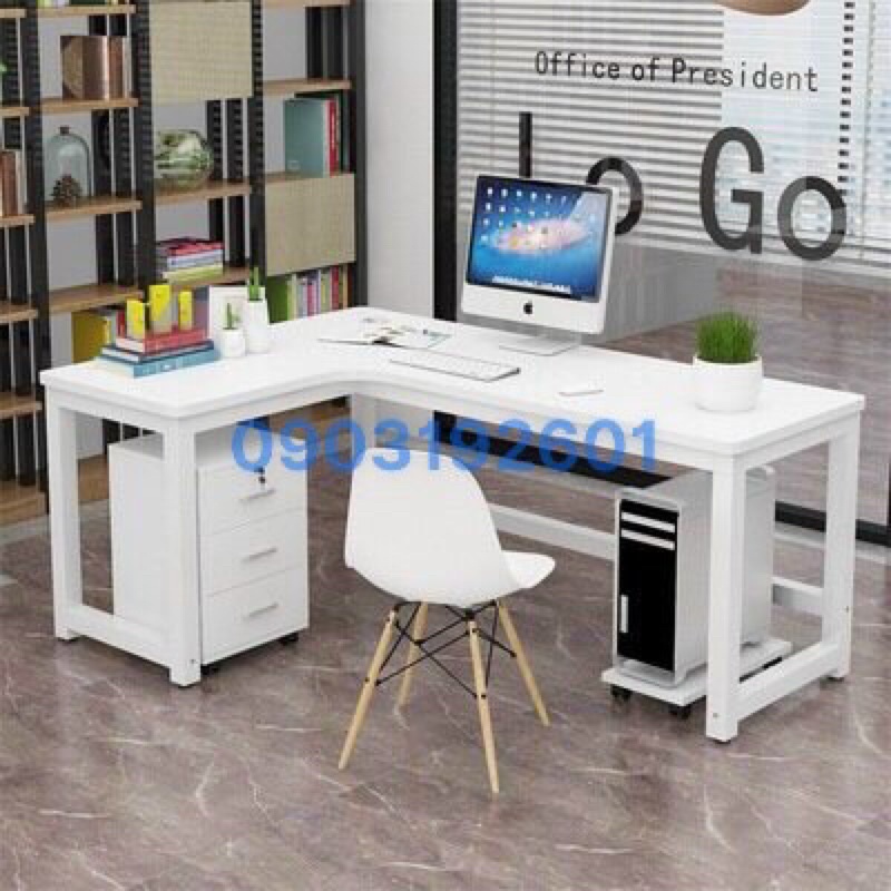 Bàn làm việc góc L khung sắt bàn vi tính