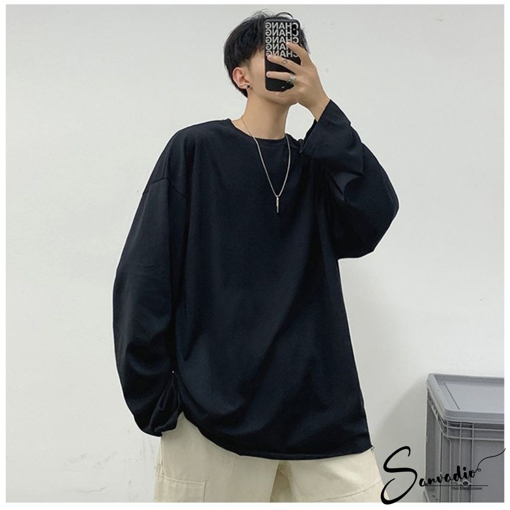 Áo Thun nam SANVADIO Áo phông dài tay from rộng unisex cá tính năng động với điểm nhấn rách gấu áo phá cách