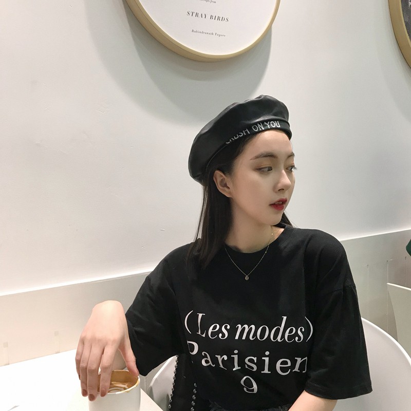 Mũ Beret Da PU In Chữ Phong Cách Retro Nhật Bản Cho Nữ