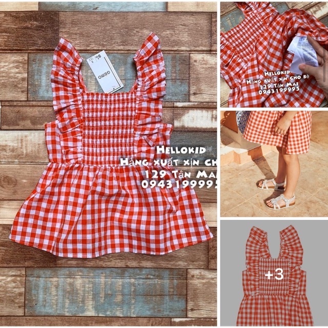 Áo váy kẻ đỏ smock ngực