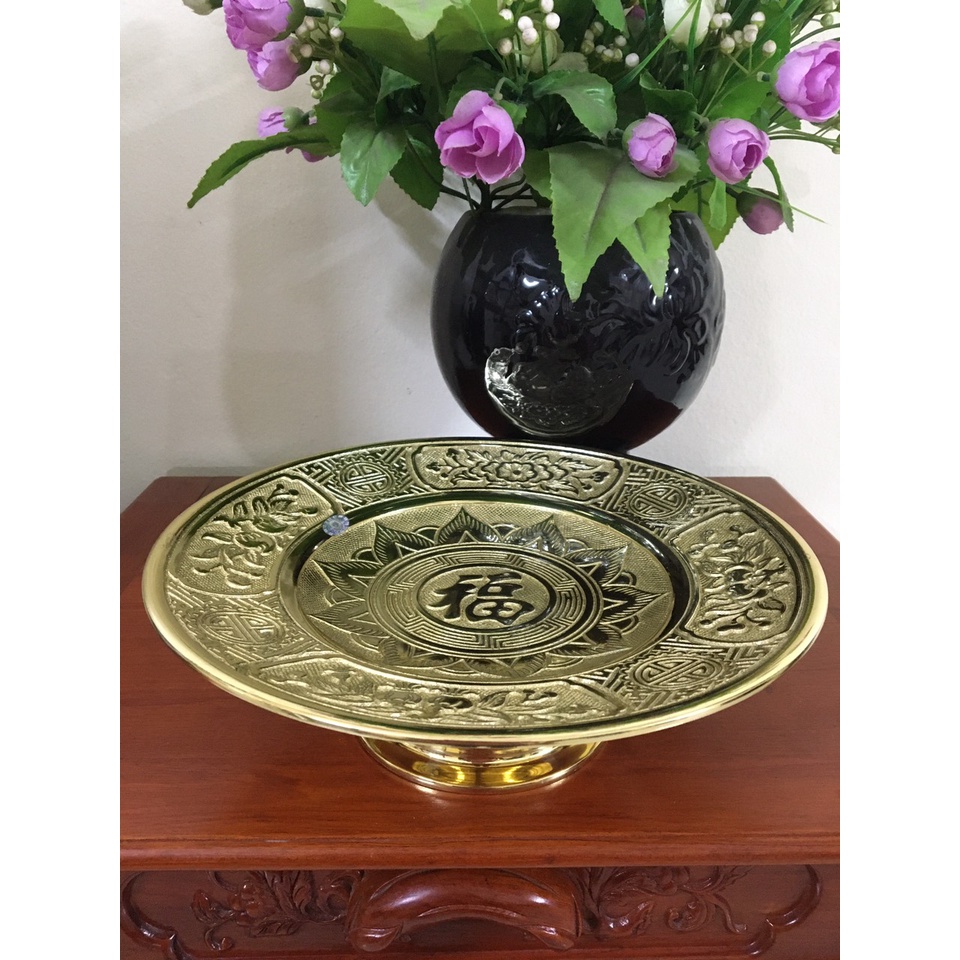 Mâm bồng, mâm ngũ quả bằng đồng cao cấp cỡ 30cm hoạ tiết phúc sen