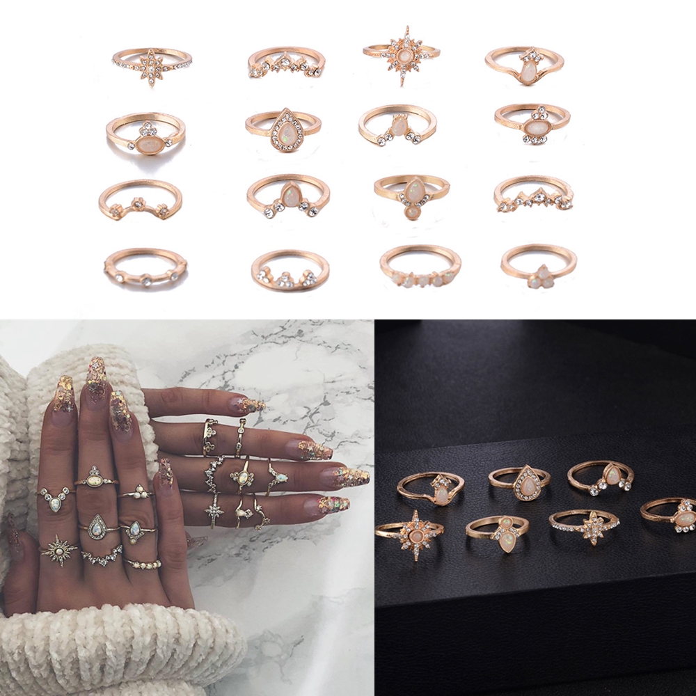 Set 16 nhẫn đính đá opal phong cách Bohemian cổ điển dành cho nữ