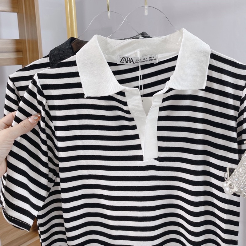 Váy polo kẻ ngang đen trắng body dáng ôm bó cổ bẻ bo Đầm suông chữ A kẻ