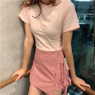 Set áo croptop-chân váy hồng
