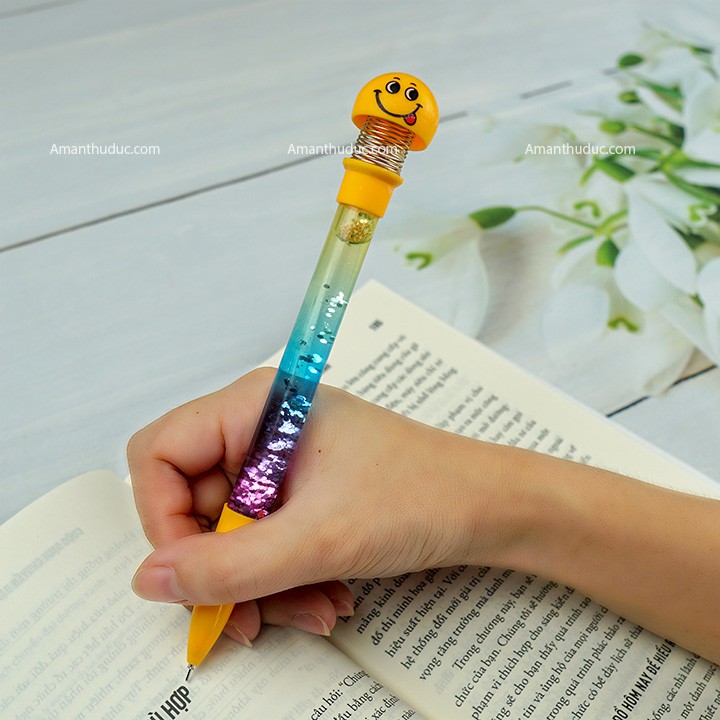 Bút Bi, Bút Nước Có Thú Emoji Có Kim Tuyến, Bút Mực Đen Emoji Kim Tuyến Nhiều Màu