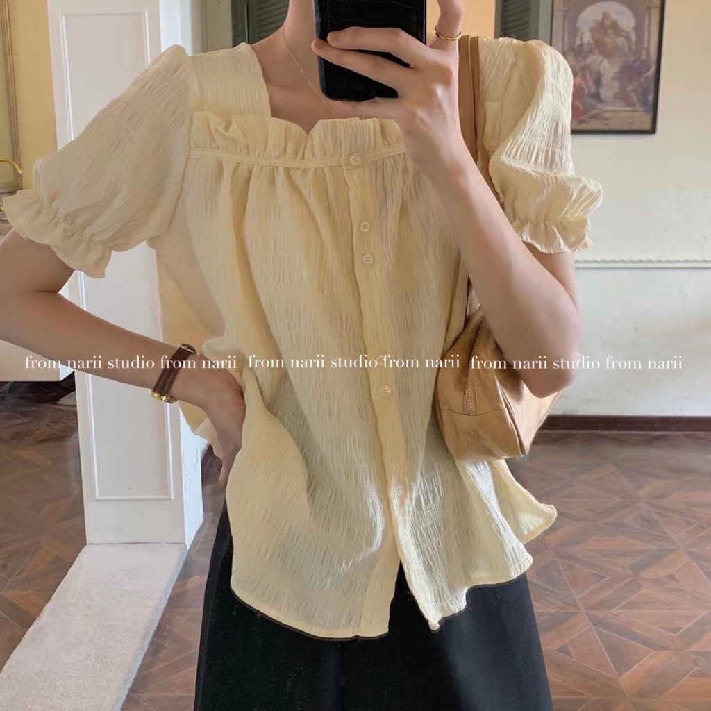 Áo sơ mi nữ tay ngắn NARII áo babydoll trắng be ulzzang Hàn Quốc vuông