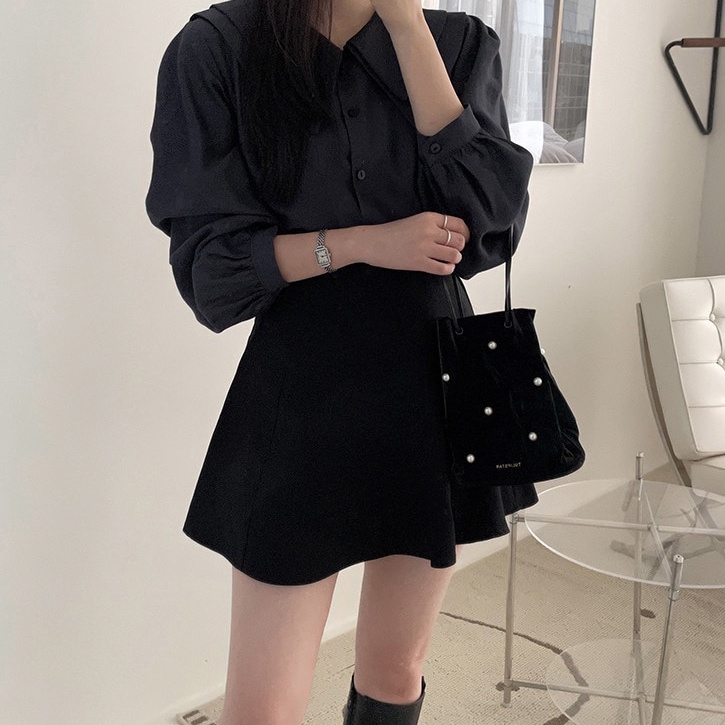 Áo sơ mi tay dài cổ bẻ phối bèo/ chân váy chữ A lưng cao phong cách mới 46910