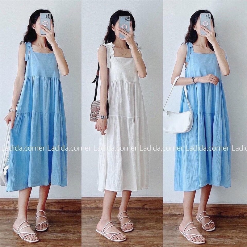 [Ảnh thật/Video]Váy Hai Dây Bản To Buộc Vai Chất Thô Lụa Mát From Rộng