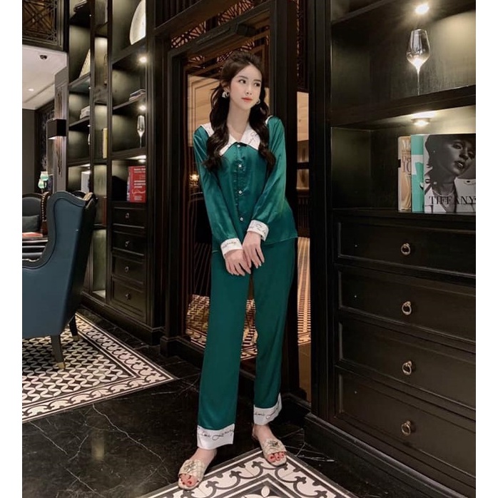 Set bộ mặc nhà tiểu thư vải lụa cổ lá sen nhọn chữ ký dài tay-Đồ bộ sau sinh.