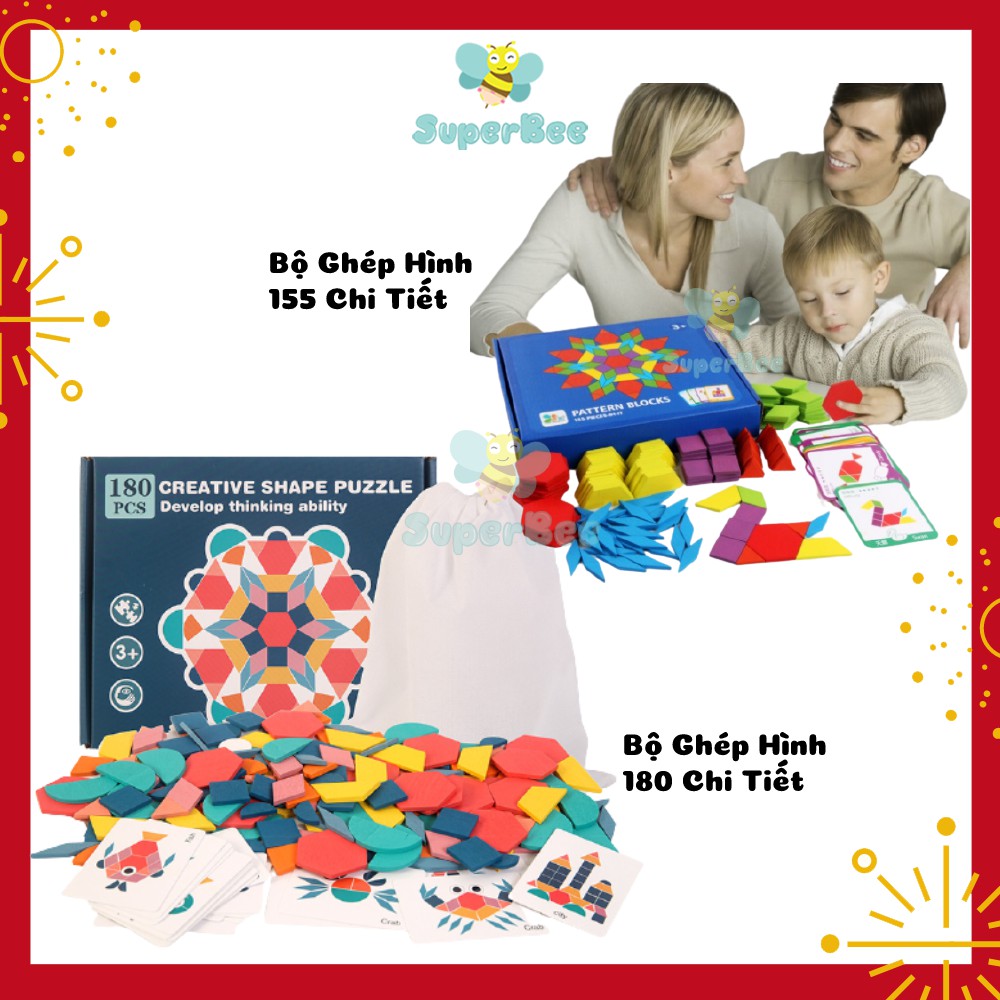 (3-6tuổi) Bộ Ghép Hình Sáng Tạo Pattern Blocks 155 Chi Tiết SuperBee, Đồ Chơi Gỗ, Giáo Dục Tư Duy Cho Bé