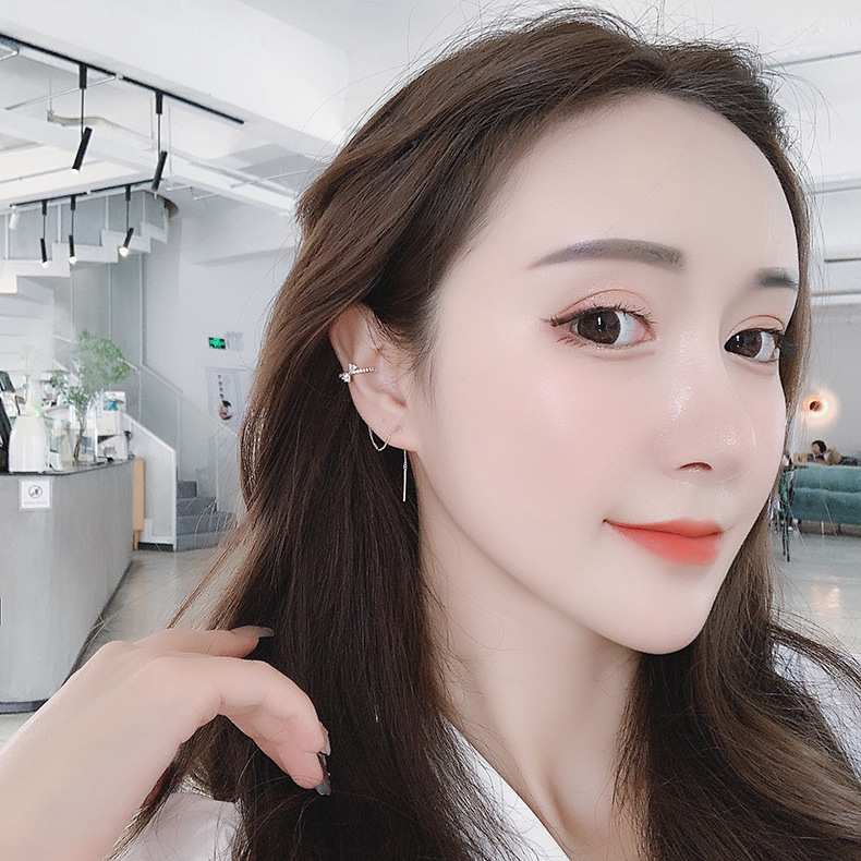 XiaoboACC 1 Chiếc Hoa Tai Thiết Kế Đính Đá Zircon Phối Tua Rua Và Kẹp Tai Phong Cách Hàn Quốc