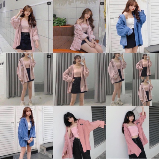 SET ĐỒ gồm áo sơmi nhung gân và hai dây mặc được nhiều kiểu form chuẩn style ullzang tone màu dịu dàng