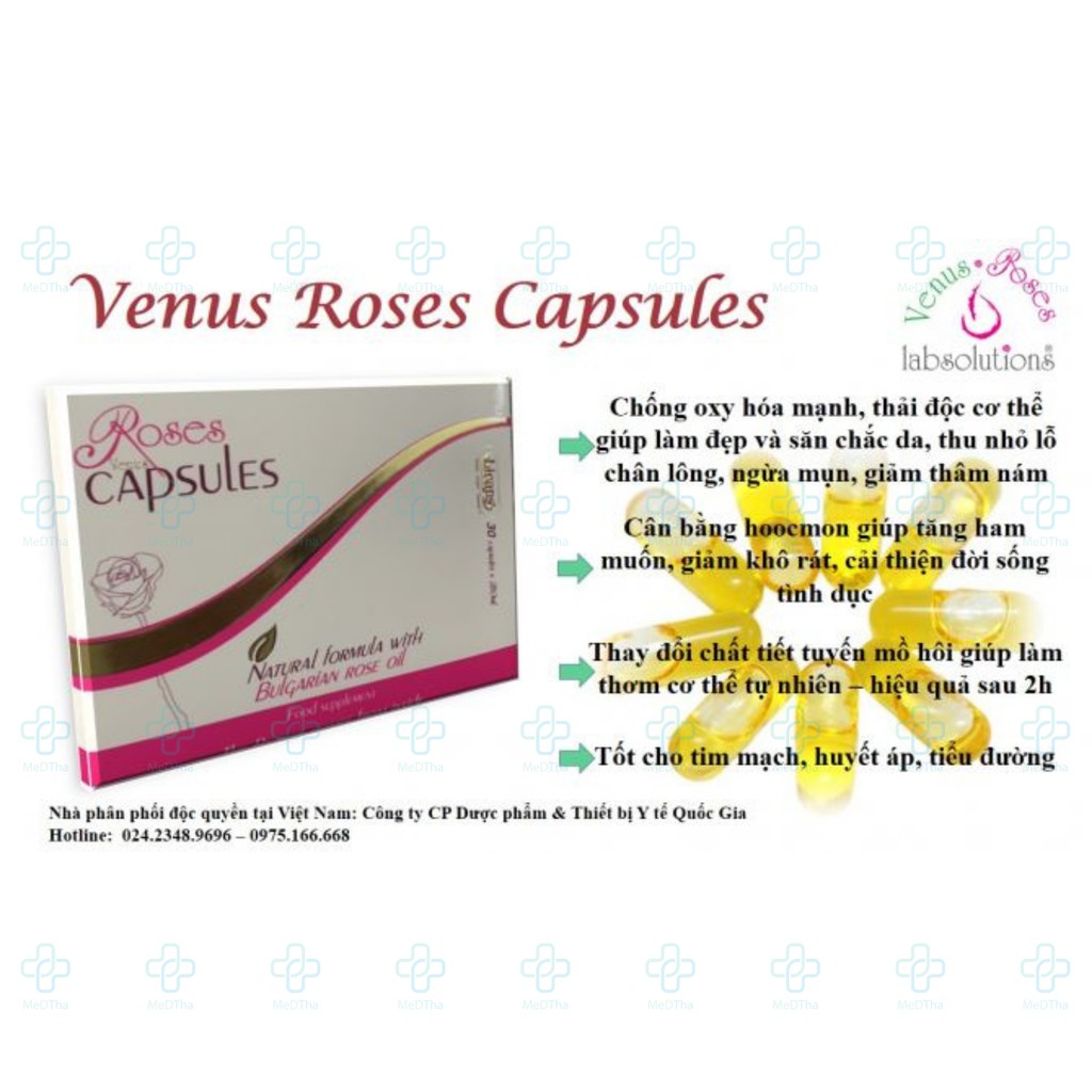 VenusRoses Viên uống hoa hồng Bungari - Giúp da trắng hồng, ngăn lão hóa da, giảm căng thẳng, mệt mỏi [Chính hãng]