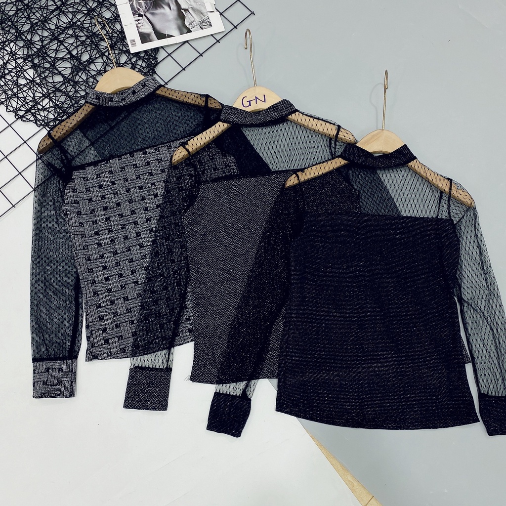 Xả hàng - Áo nhũ pha lưới cổ 3P, Áo kiểu dáng ôm dài tay AN0558 - NhiNhi Shop