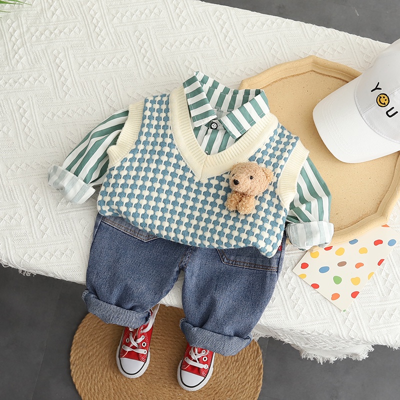 Set Áo Sơ Mi Tay Dài Kẻ Sọc Dọc + Áo Khoác + Quần Denim Dễ Thương Phong Cách Hàn Quốc Cho Bé Trai / Gái 80-120cm