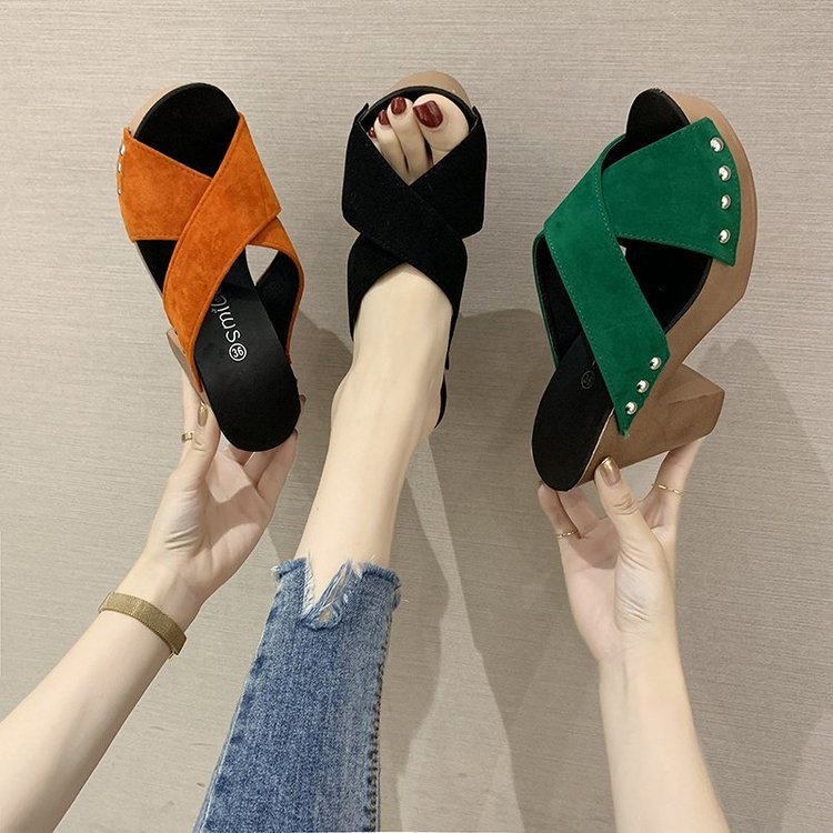 Dép cao gót 10cm đế dày quai chéo thời trang cho nữ