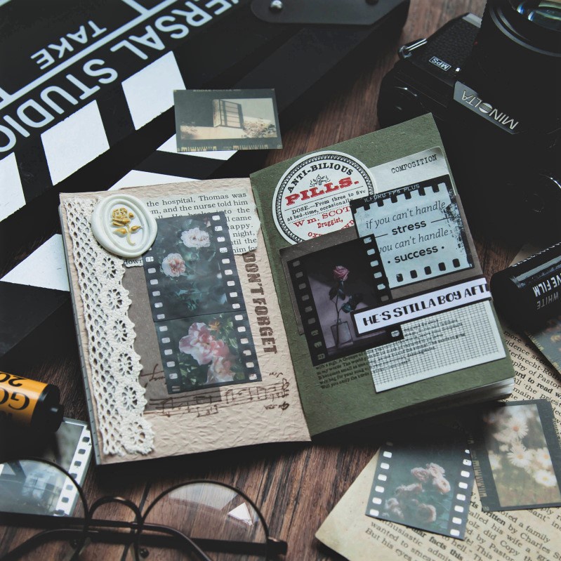 Set 30 sticker film vintage hoa cúc, hoa hồng và cỏ lau không thấm nước phong cách retro