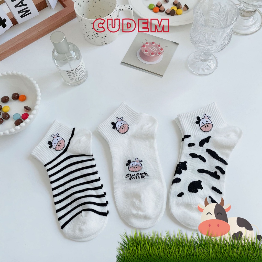 Combo 5 đôi tất nữ ngắn cổ - vớ nữ ngắn cổ hoạ tiết bò sữa xinh xắn  phong cách Nhật Hàn N5