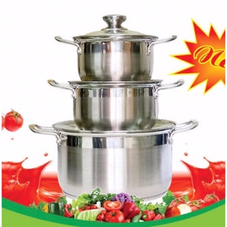 Bộ Nồi Inox 3 cái 3 đáy Meiman nắp kính
