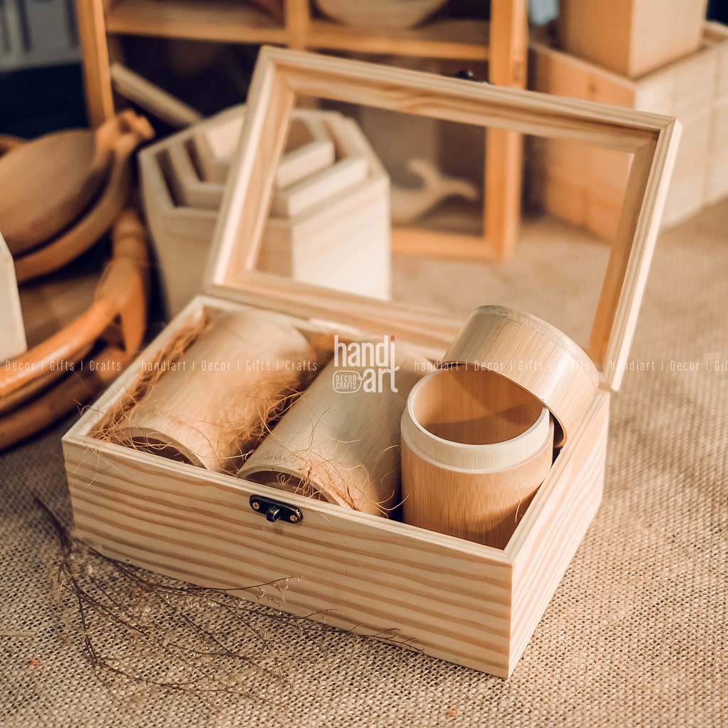 [ COMBO 1 Hộp gỗ nắp kính+1 muỗng gỗ +3 hộp trà tre] - Bộ sản phẩm quà tặng - Wooden gift box