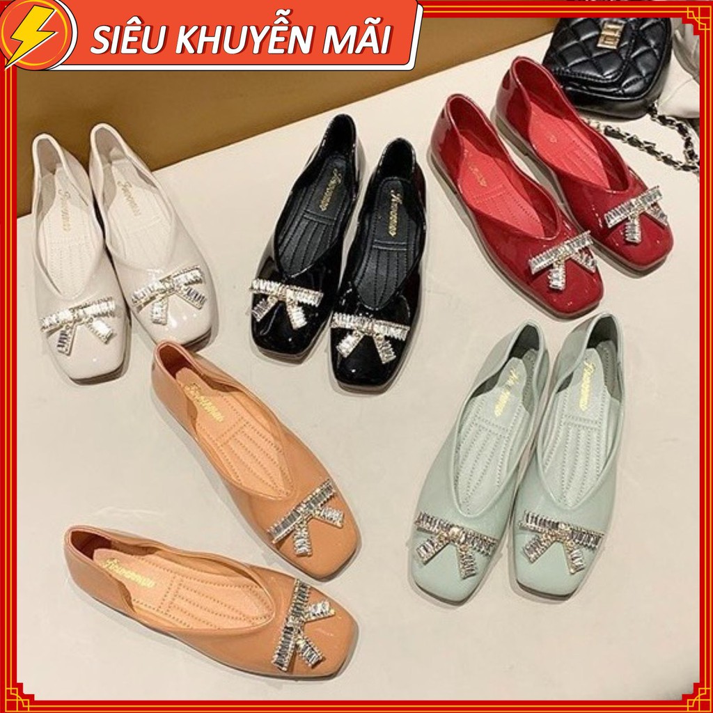 Giày bệt nữ 💎SALE💎 giày búp bê công sở xinh đính đá nơ mũi tròn đẹp da bóng đế chống trơn hàng nhập khẩu cao cấp