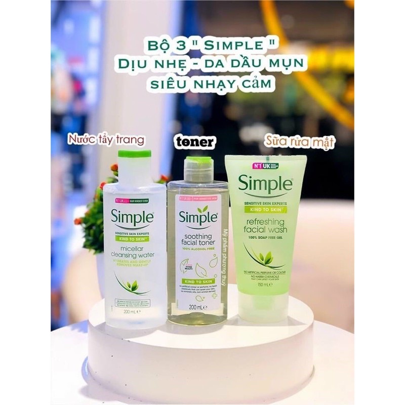 BỘ 03 SIMPLE  Giúp Da Sạch Sâu Và Cấp Ẩm Cho Da SIMPLE Kind To Skin (TẨY TRANG 200ml, SRM 150ml, TONER 200ml)