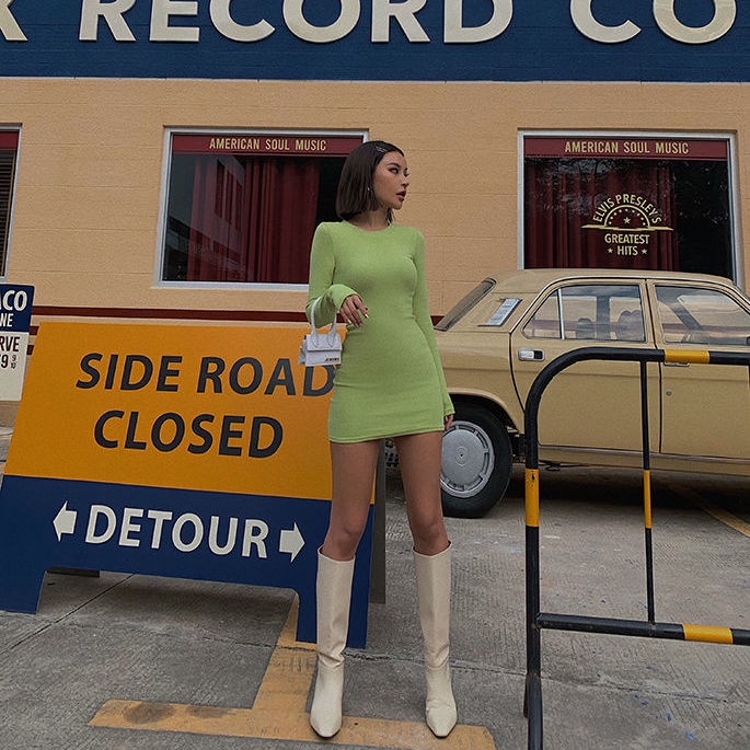 Đầm tay dài cổ tròn thiết kế ôm dáng phong cách Âu Mỹ 2021 quyến rũ thời trang dành cho nữ