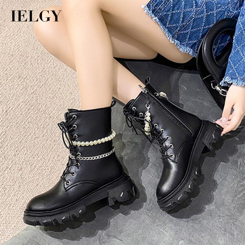Đôi bốt Martin IELGY đế dày buộc dây dạng chuỗi ngọc trai thời trang cho nữ