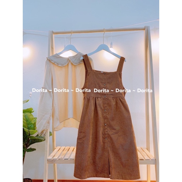 [Ảnh thật/Video] Set yếm nhung vintage dáng babydoll kèm áo cổ sen, Đầm yếm nhung Ulzzang - Dorita Boutique