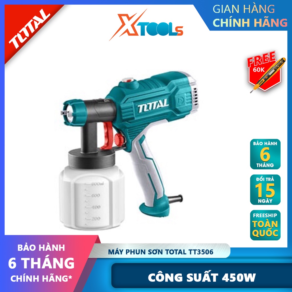 Máy phun sơn dùng điện TOTAL TT3506, điện thế 220-240V, công suất 450W, 380ml/phút, 800ml, dia 0.6/0.8mm, súng sơn điện