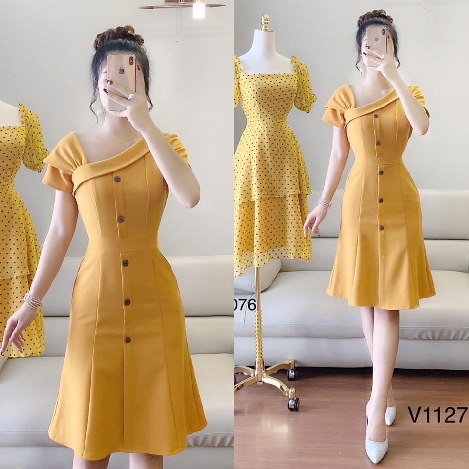 Đầm Nữ Lệch Vai Cá Tính Đính Nút Thới Trang Ribisachi | BigBuy360 - bigbuy360.vn