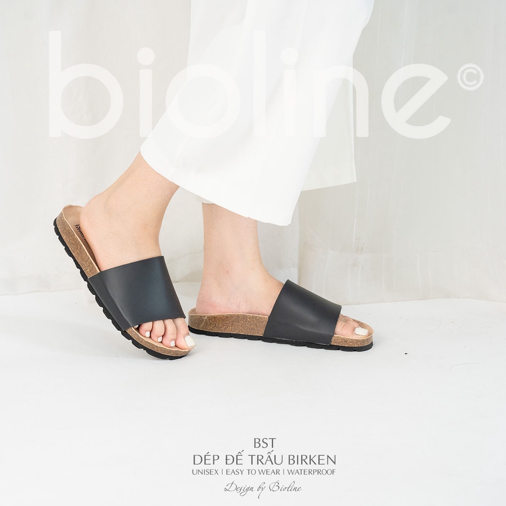 PUK05 - CHỐNG NƯỚC - Dép đế trấu Birken nam nữ Unisex, quai ngang, da PU cao cấp, dép công sở chính hãng Bioline