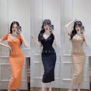 Đầm body maxi gân nút bấm tay ngắn xịn mịn