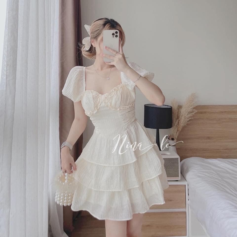 Váy Babydoll Tay Bồng Cổ Vuông Cúp Ngực, Đầm Dáng Xoè Tay Phồng Siêu Xinh Chất Tơ Nhũ Sọc Ren M1