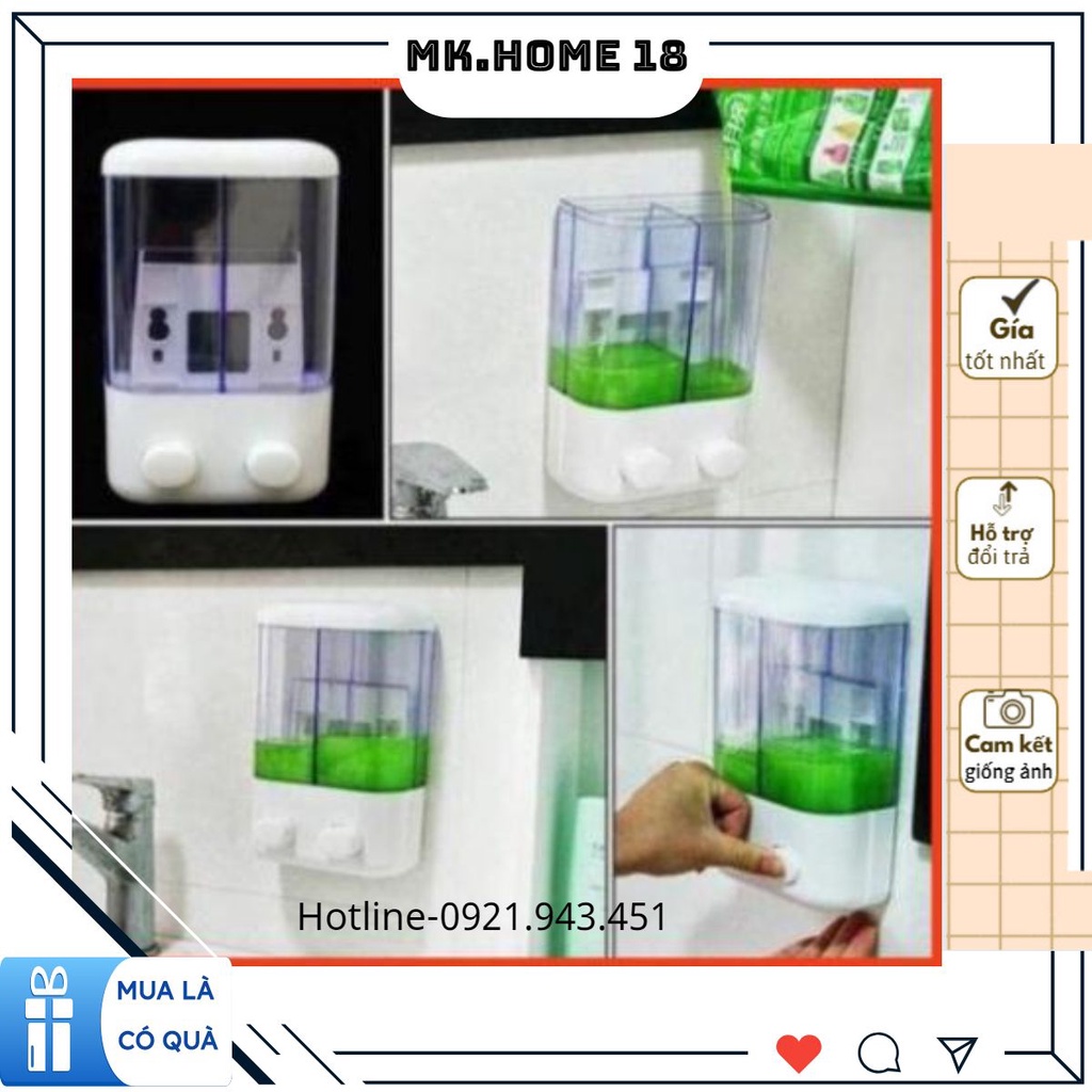 Hộp nhả dầu gội, sữa tắm, chất lỏng 2 ngăn 1 ngăn gắn tường không khoan tiện lợi dùng khách sạn nhà nghỉ gia đình .